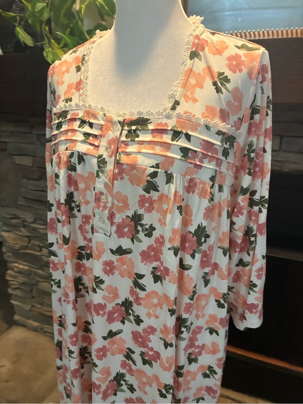 National Floral Lace-Trim Nightgown in Pink & Green - Picture 2 of 5